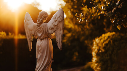Back view of an angel statue standing in a tranquil garden during golden hour