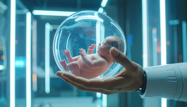 A newborn baby floats weightlessly within a futuristic glass bubble. The scene is set in a modern, high-tech laboratory, hinting at advanced technology and scientific progress