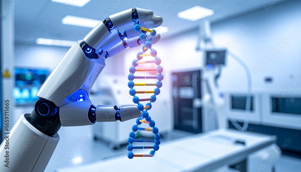Poster a robotic arm holds a dna strand in a futuristic laboratory setting, showcasing the intersection of 