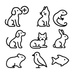 Collection of simple line art icons representing various domestic pets isolated on white background