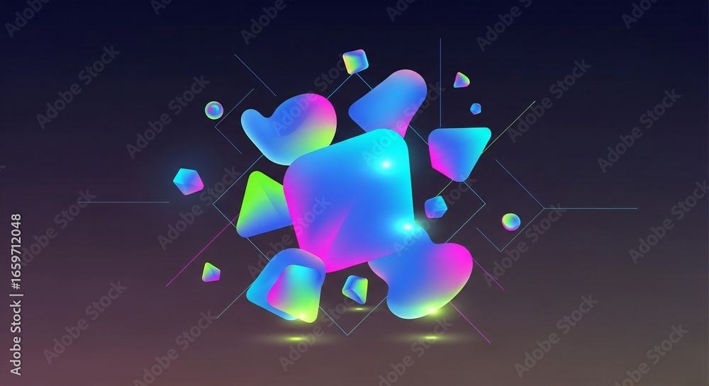 Poster vibrant gradient blobs and geometric shapes float dynamically, creating a modern abstract background