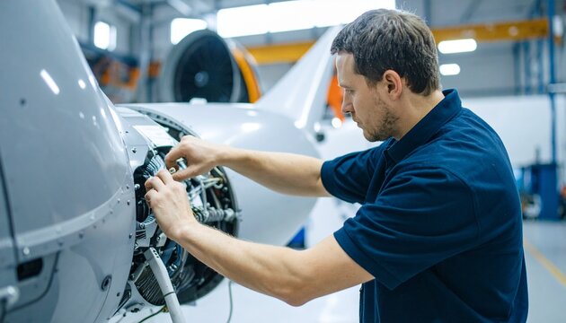 Aviation mechanic working on a small aircraft in a hangar. A skilled aviation mechanic in a navy blue shirt working diligently on a small aircraft in an aircraft maintenance shop.
