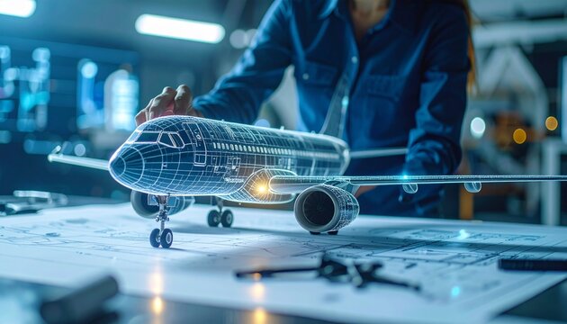 An airplane design and engineering concept. A skilled technician works on a detailed model of an airplane, visualizing its structure and mechanics with intricate details.