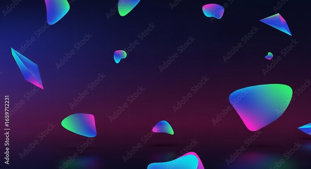 Poster dynamic abstract shapes with vibrant neon gradients float against a dark, moody background, creating