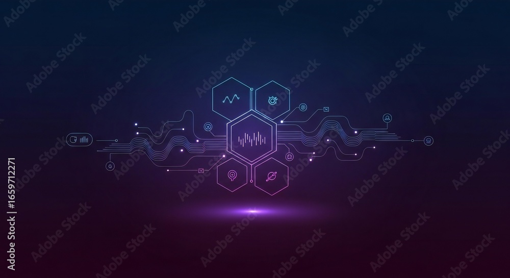 Poster vibrant digital network with interconnected data streams and futuristic glowing icons representing i