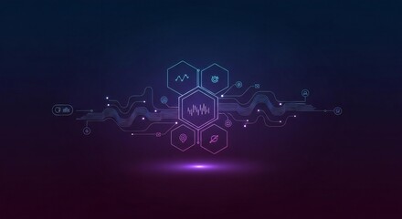 Vibrant digital network with interconnected data streams and futuristic glowing icons representing innovation and connectivity