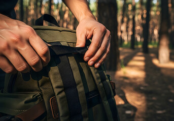 Person adjusting straps on a green backpack in a forest setting.