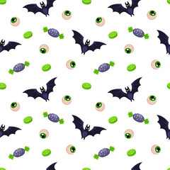 Halloween seamless vector pattern with bats, candies, creepy eyeballs on white background. Perfect for wrapping paper, textile design, party decoration, greeting cards and digital projects.