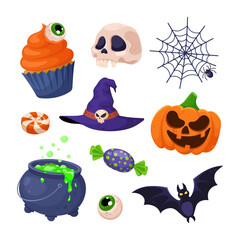 Fototapeta premium Set of cartoon Halloween elements with pumpkin, skull, witch hat, cauldron, bat, eye, spider web, cupcake and candy. 