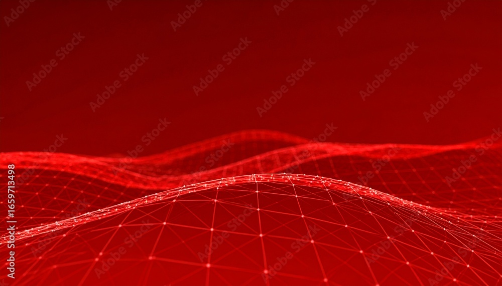 Poster an abstract image featuring a flowing, interconnected network of red lines and nodes against a bold 