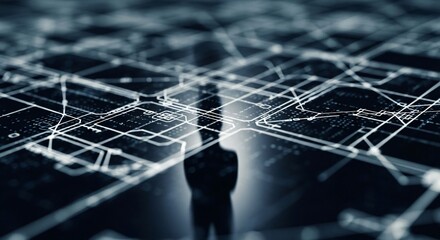 Abstract Tech Network with Human Silhouette Overlay Dark Blue Tones.