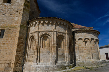 San Juan Romanesque church in Villaconancio with decorated apse and stone bell tower