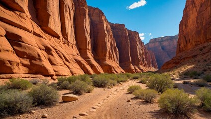 Fototapeta premium A sandy pathway road with stones running through the canyon landscape. A stunning view of a canyon with orange rock walls illuminated by sunlight under a vibrant blue sky with white scattered clouds. 