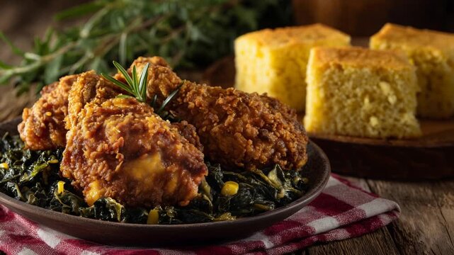 A mouthwatering Southern feast featuring crispy fried chicken, perfectly baked cornbread, buttery corn on the cob, and flavorful dark leafy greens.