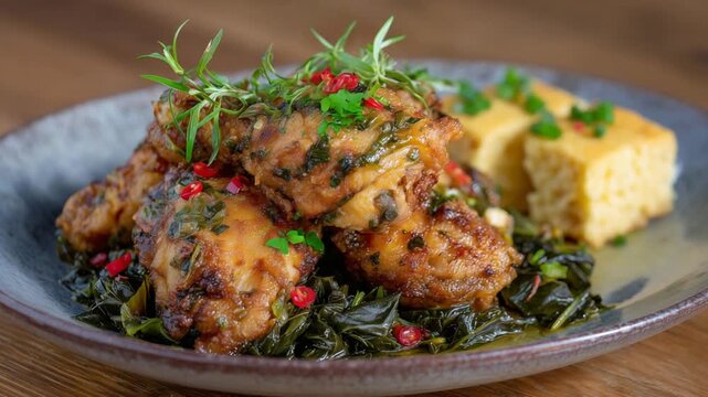 Savor a Southern feast featuring crispy fried chicken drumsticks, cornbread, buttery corn on the cob, and collard greens, all garnished with red pepper.