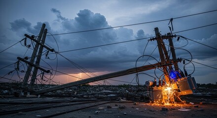 Downed Power Lines and Sparking Transformer in the Aftermath of a Severe Storm with Lightning.