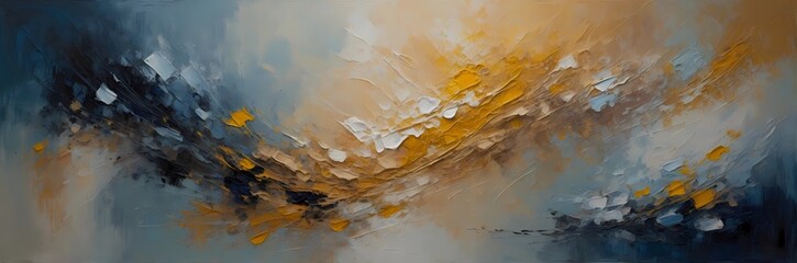 Abstract painting featuring brushstrokes of yellow, white, blue and brown hues