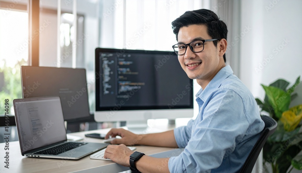 Aufkleber a smiling male programmer at his workstation, surrounded by technological equipment and coding inter