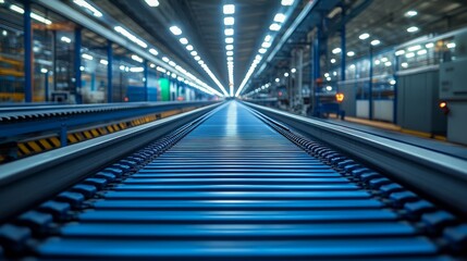 Obraz premium A vast conveyor belt stretches into the distance, illuminated by bright lights in an expansive industrial setting