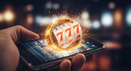 Slot machine wheel with 777 winnings sticking out of smartphone screen. Concept of online casino, gaming addiction, jackpot win