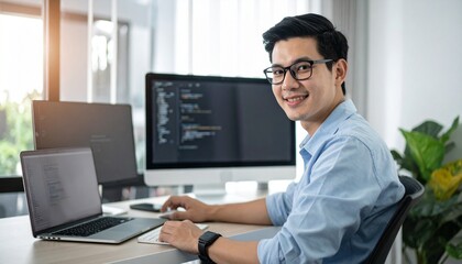A smiling male programmer at his workstation, surrounded by technological equipment and coding interfaces. He wears glasses and a light blue shirt.