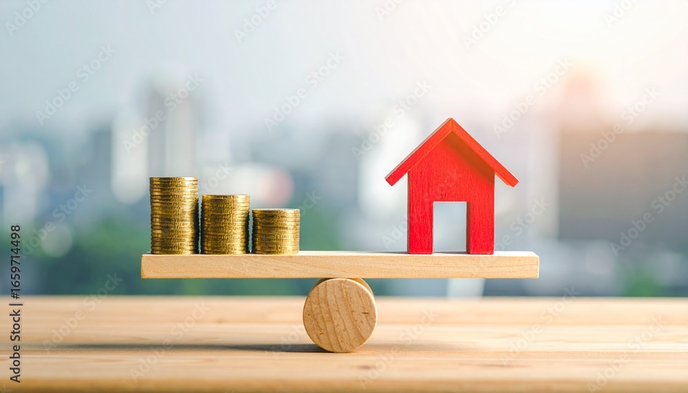 Poster conceptual image depicting the balance between finances and a house. the image shows stacked coins c