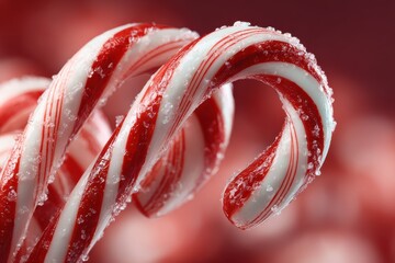 A close up of several candy canes with red and white stripes and sugar crystals on a red background