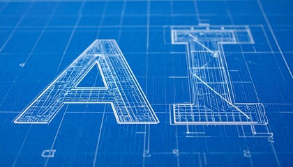 AI Blueprint: Conceptual image of AI development in engineering design setting. The text AI is centered on the blueprint