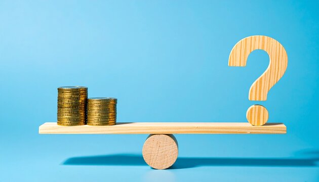Financial uncertainty concept, represented by a seesaw balancing stacks of coins against a question mark. The image captures the essence of economic doubt and the need for financial clarity.