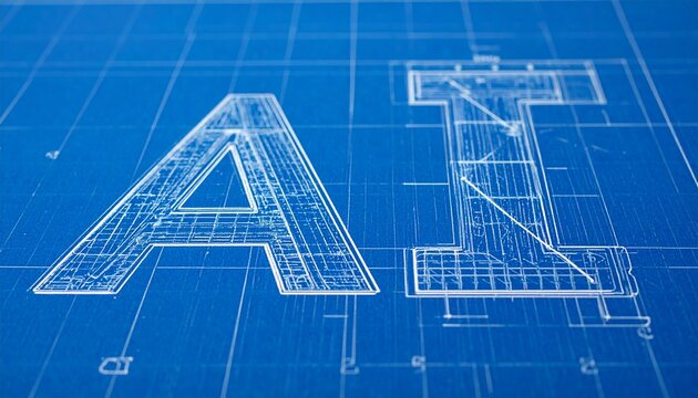 AI Blueprint: Conceptual image of AI development in engineering design setting. The text AI is centered on the blueprint