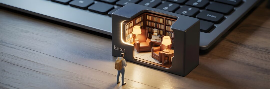 Miniature Library: The evocative image showcases a person, dwarfed by a meticulously crafted miniature library scene, placed next to a laptop, evoking a sense of wonder, imagination, and learning