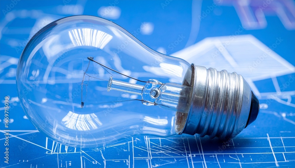 Poster a close-up shot of a light bulb resting on top of a blueprint, with the elements combined in an arti