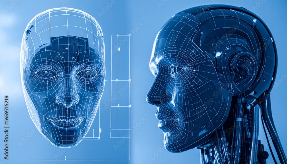 Poster a high-tech image of a robot face, split in two, one half showing a wireframe design, and the other 