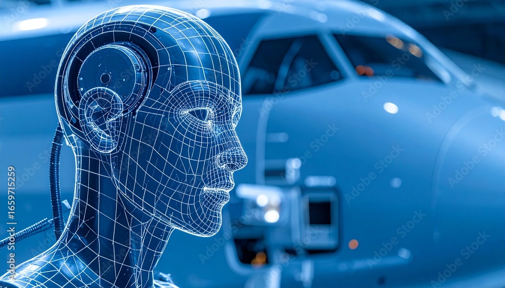 Poster a futuristic ai concept with a digital wireframe and an aircraft in the background. this image captu