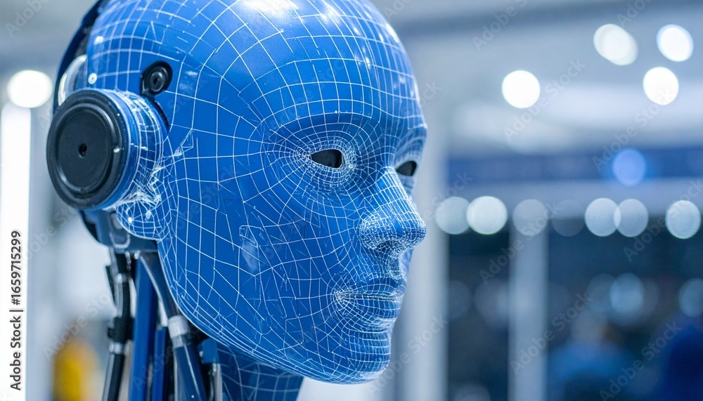 Poster a blue colored robot head, representing artificial intelligence and technology. with intricate detai
