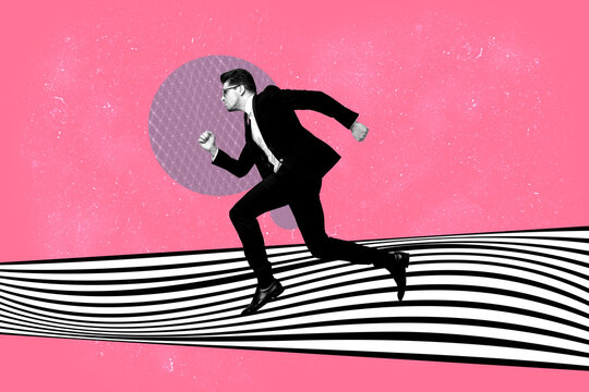 Fototapeta Collage of stylish person with hypnotic swirl and geometric pattern black white waves background in modern pop style