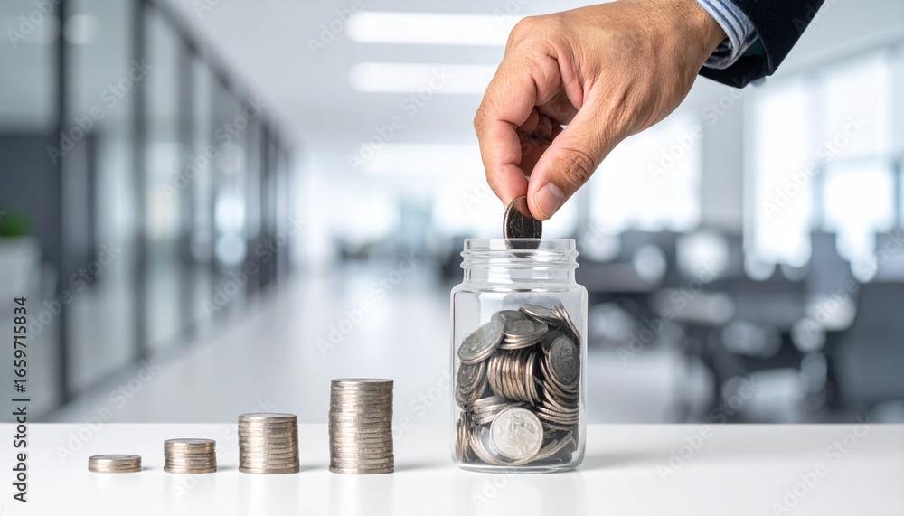 Poster a hand putting a coin into a glass jar, with coin stacks in front. the image represents saving and i