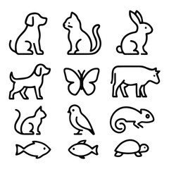 Collection of simple line art icons representing various animals isolated on white background