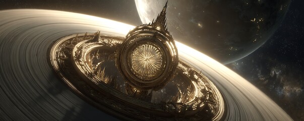 Celestial time-guardian shrine orbiting planetary rings with radiant clockwork halos