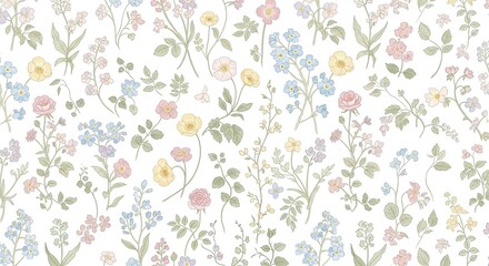 Delicate Wildflower Botanical Seamless Pattern Soft Pastel Green Hues