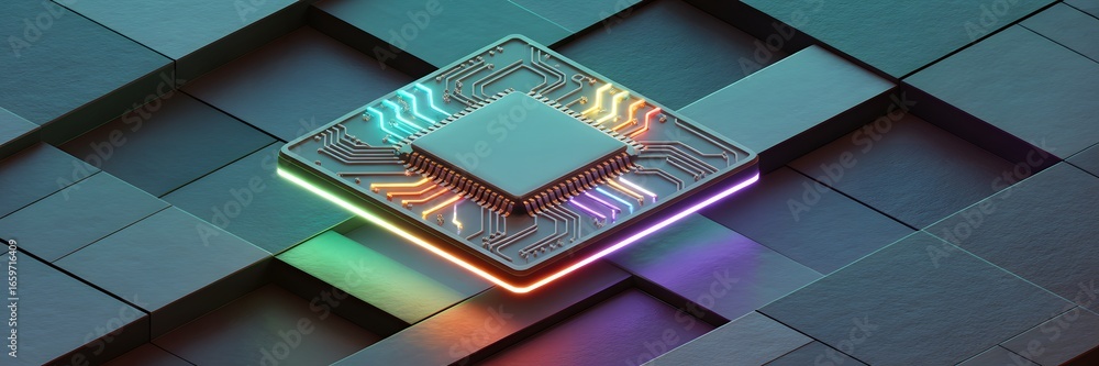 Poster a detailed microchip: an intricate computer microchip, a marvel of modern technology, glows with vib