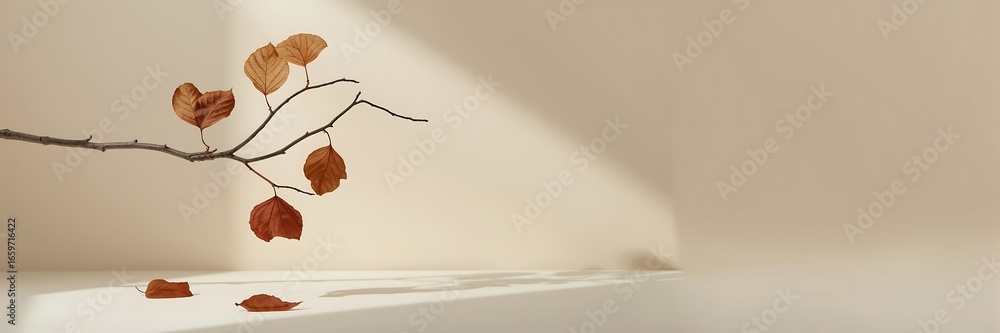Poster minimalist autumn scene featuring a dry branch with falling leaves, set against a neutral background