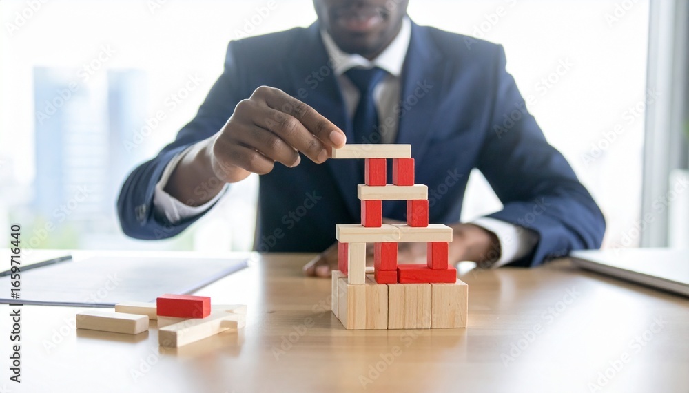 Poster a focused businessman in a suit constructing a tower of blocks