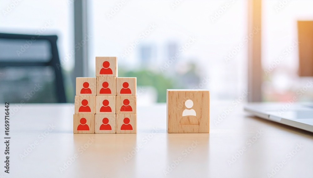 Poster human resources conceptualized with wooden blocks. a wooden block with a person symbol is separate f