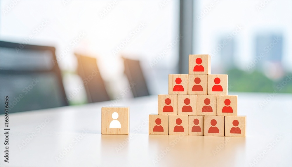 Aufkleber conceptual image: a pyramid of blocks represents a strong team and leadership. one block stands apar