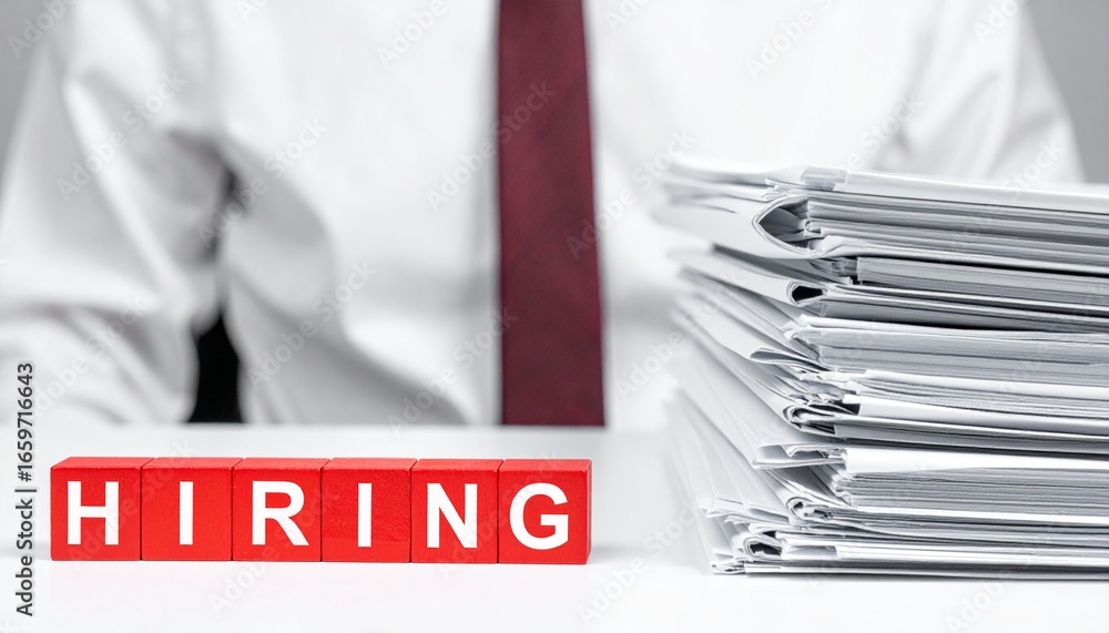 Poster a person sitting at a desk with a hiring sign and a stack of paper. the hiring sign is in front of a