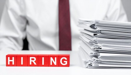 A person sitting at a desk with a hiring sign and a stack of paper. The hiring sign is in front of a stack of papers with a person in the background.