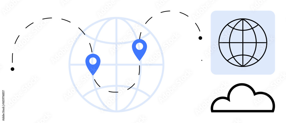 Aufkleber globe with curved paths connecting pins, a cloud, and a smaller grid sphere representing global data