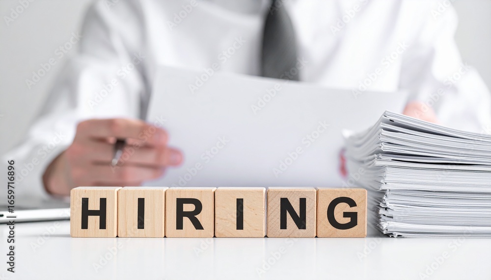 Poster a businessman reading a document with the word hiring displayed in front of him. the scene conveys t