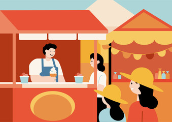 A man ice cream vendor serving at a market stall with women and a girl as customers, with festival goods trade kiosks in the background. Traditional food fair.